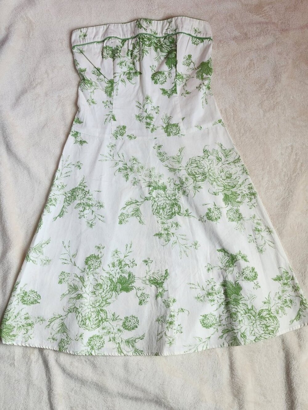 Strapless Cotton White & Green Floral Summer Dress